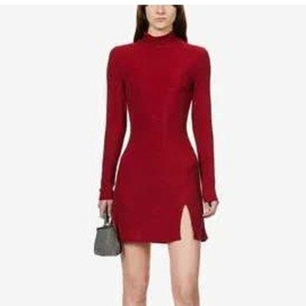 Reformation Red Metallic Mock Neck Long Sleeve Mini Dress With Slit Size L